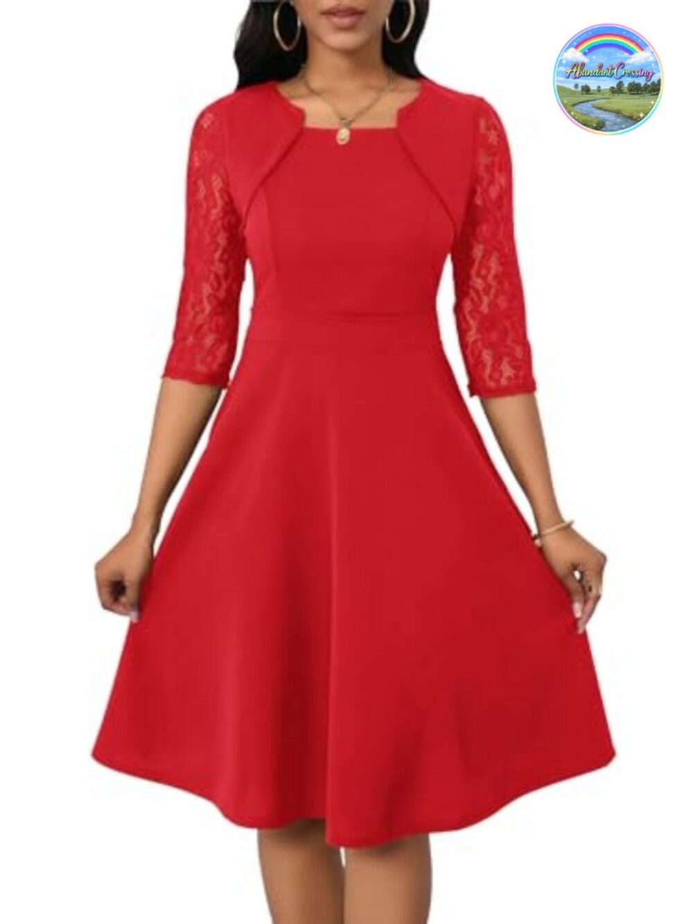 Women's Pleated A-Line Midi Dress 3/4 Lace Sleeve Cocktail
